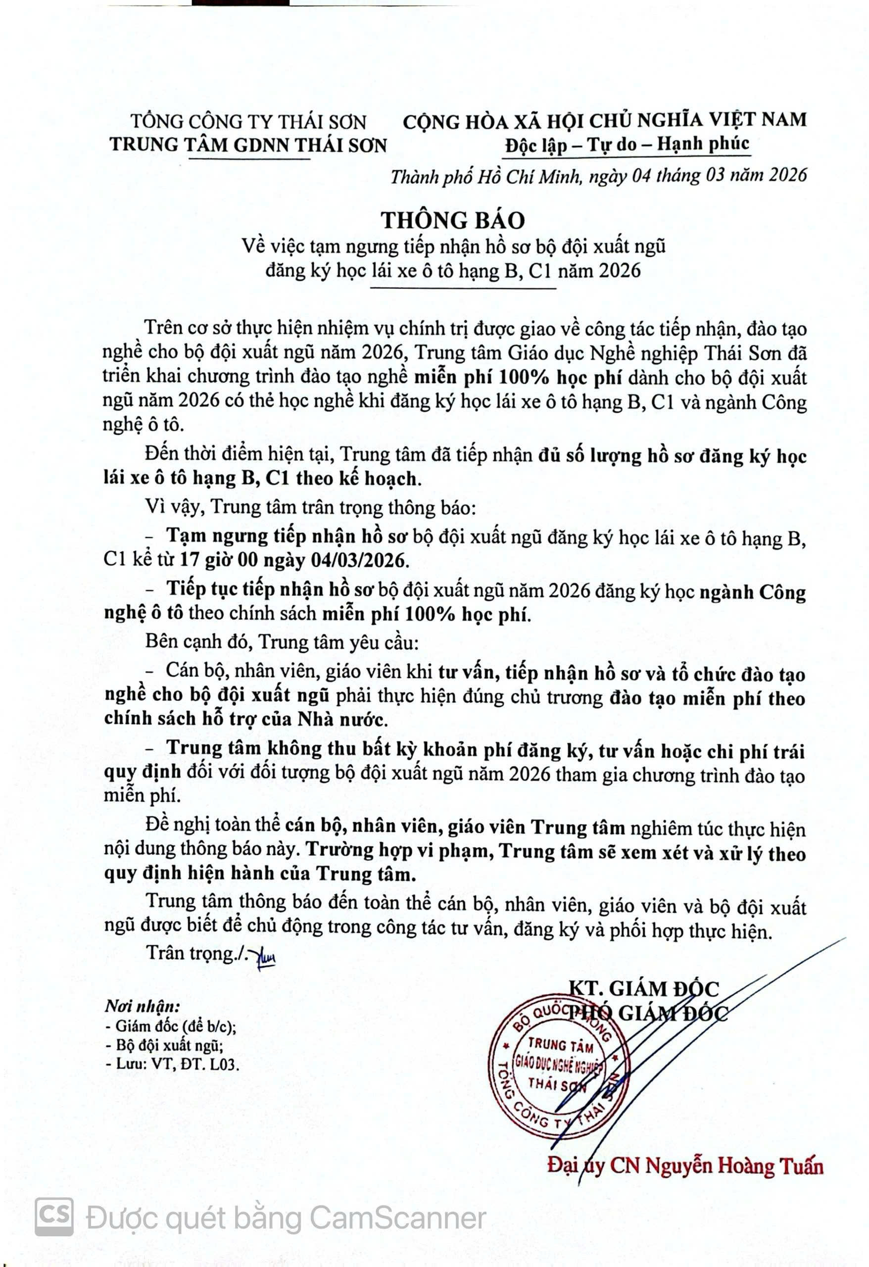 Thông báo tạm ngưng nhận bộ đội xuất ngũ